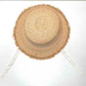 Zara natural tan tied woven hat NWT Zara woven wide brimmed contrast raffia hat (tan and brown  main image 2